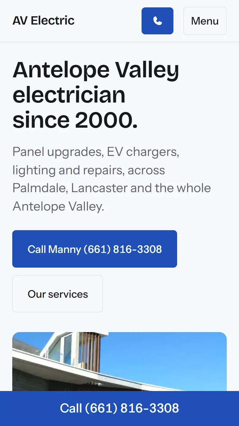 The rebuilt homepage on an iPhone: a large headline, a call button and a call bar fixed to the bottom of the screen