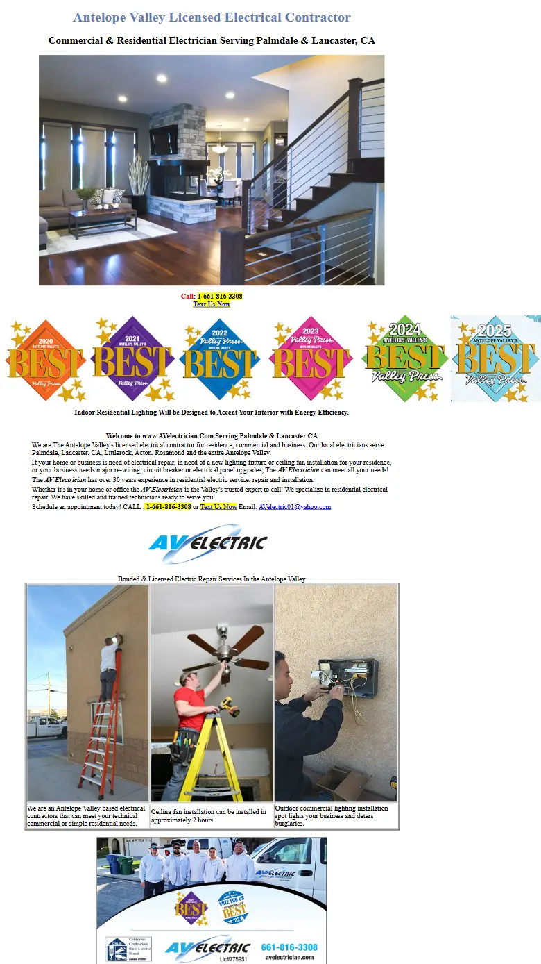 An electrician’s old website as a phone renders it, a desktop layout shrunk to a third of its size with unreadable text and six award badges