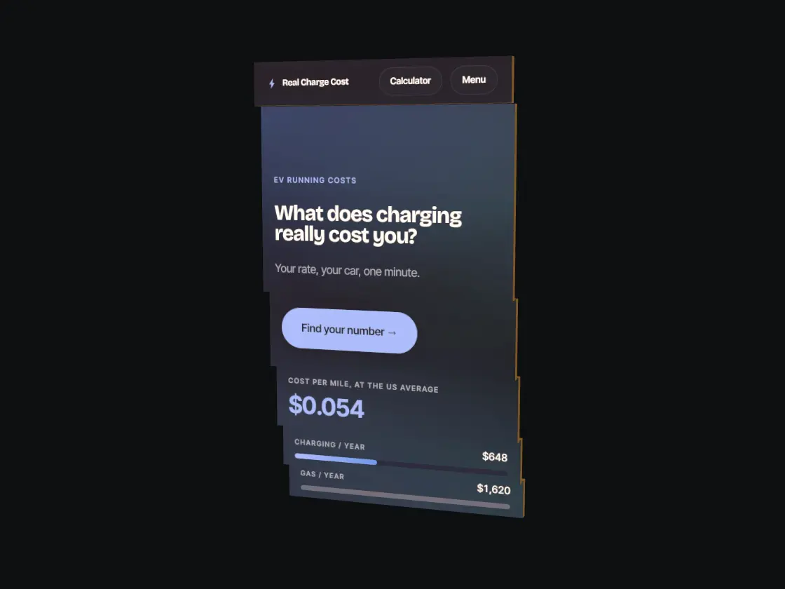 The realchargecost.com homepage split into six floating layers, lit from the upper left, on a dark background.