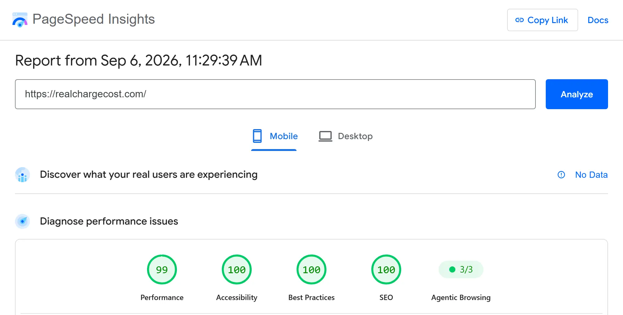 The PageSpeed Insights report for realchargecost.com on mobile, dated September 6 2026, reading 99 for performance and 100 for accessibility, best practices and SEO