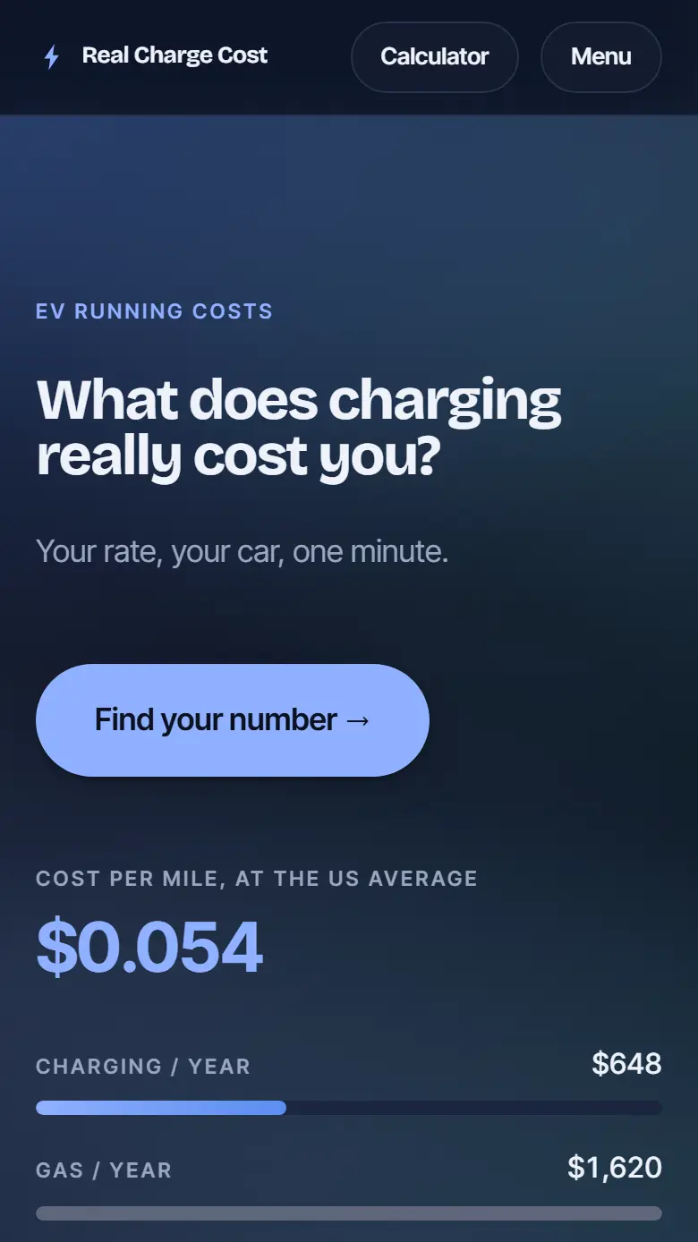 The realchargecost.com homepage on an iPhone: a dark page asking what charging really costs, a Find your number button, and a cost per mile of $0.054